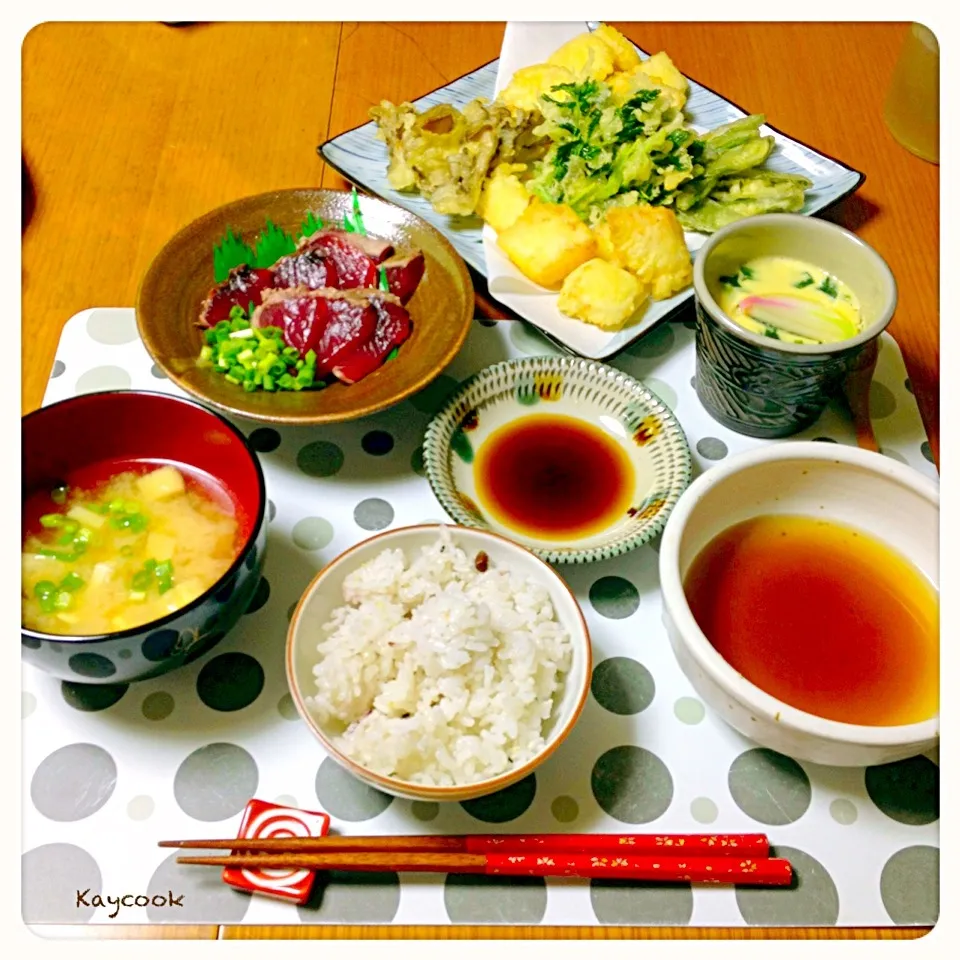 天ぷら(5種)と初鰹で夕飯🐾|Asahimaruさん