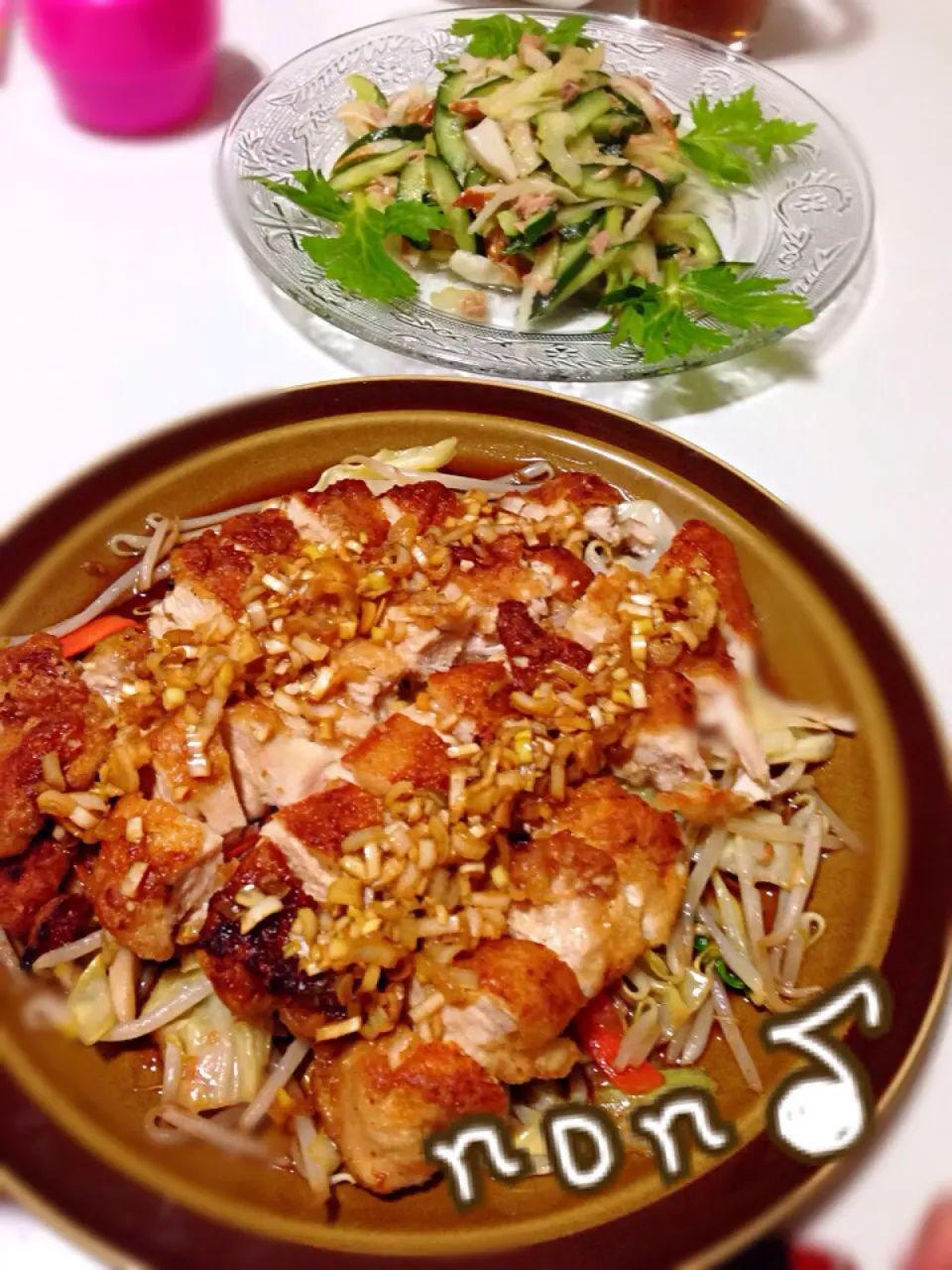 晩ご飯(๑･ิ◡･ิ๑)鶏胸肉で油淋鶏とセロリとツナサラダ|nonさん