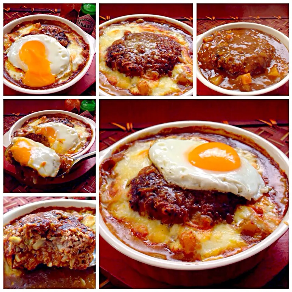 Cheese baked curry of cabbage hamburg  w/fried egg 🍳ｷｬﾍﾞﾂ入りｼﾞｭｰｼｰﾊﾝﾊﾞｰｸﾞのﾁｰｽﾞ焼きｶﾚｰ 目玉焼き乗せ|🌈Ami🍻さん