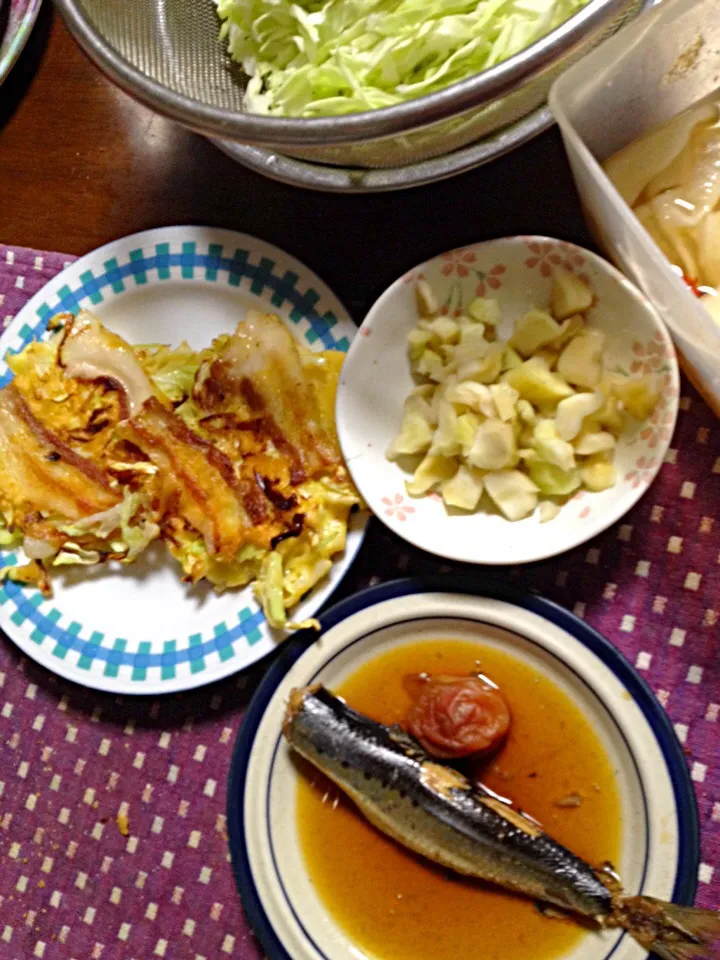 鰯の梅煮 ミニお好み焼き 漬物|掛谷節子さん