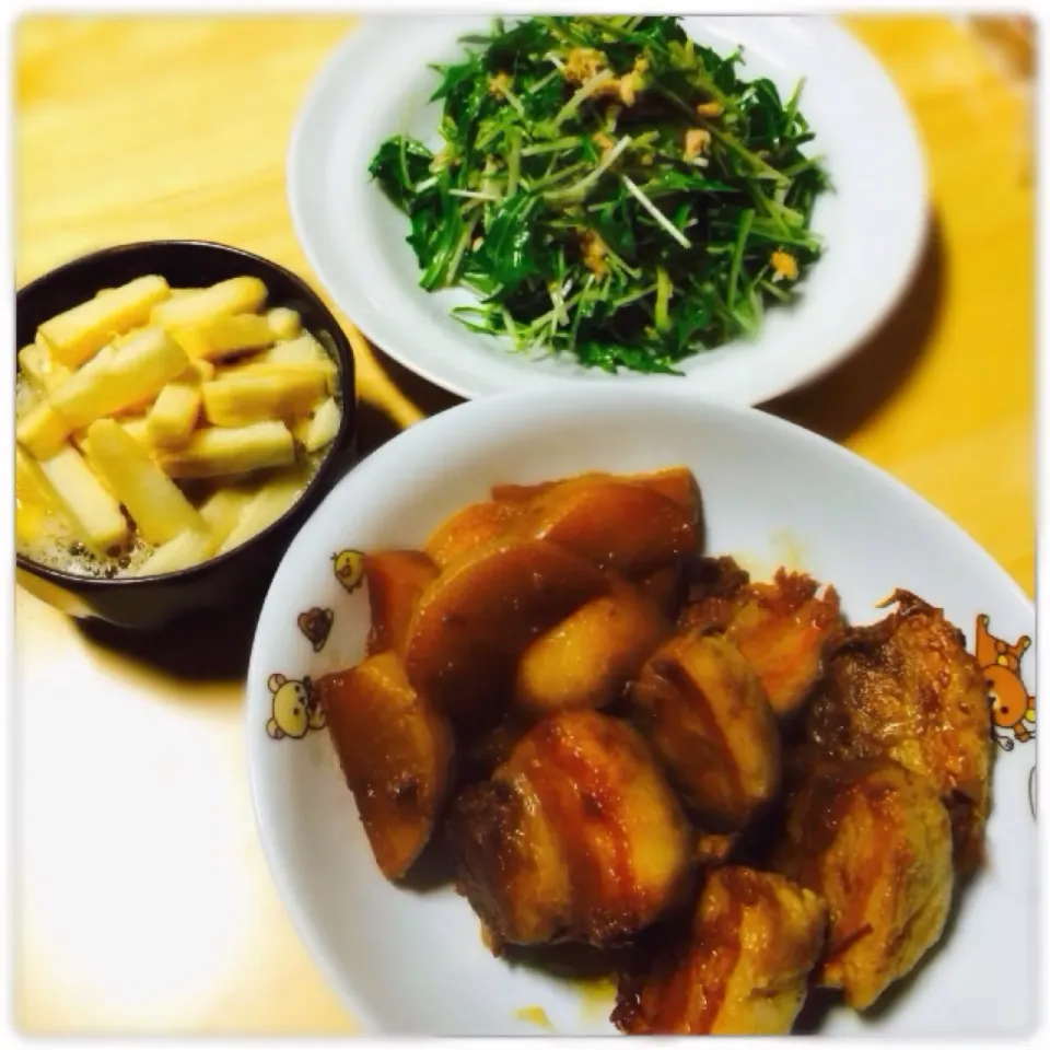 ✳︎角煮✳︎水菜とツナの和風サラダ✳︎長芋のワサビ醤油漬け|こまあずさん