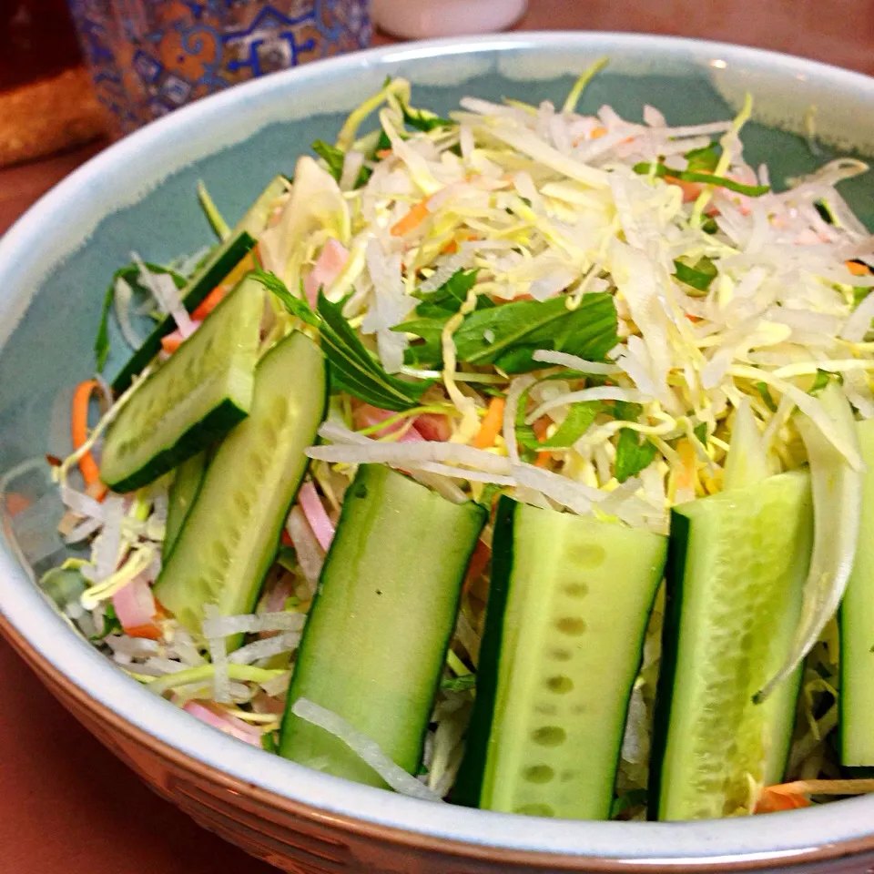 何種類の野菜を使ったか判らないサラダは大葉がアクセント。八朔のドレッシングでさっぱり食べました。|うさ爺さん