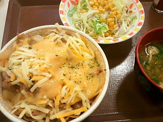 いつのはガッツリ単品大盛りだけど、野菜もほしくてセットメニュー♪すき家のチーズ牛丼☆|深夜特急fさん