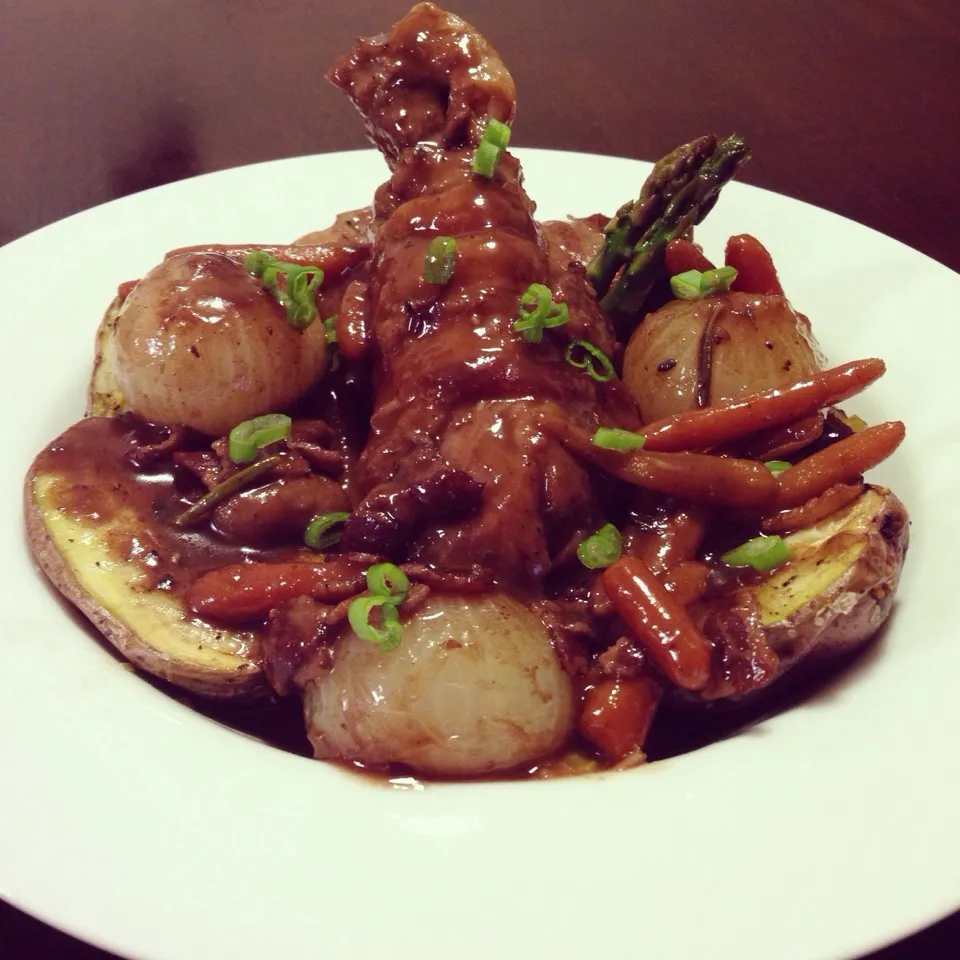 Snapdishの料理写真:Bacon wrapped Cocoa Coq Au Vin with asparagus and Ruby Gold Potatoes|Brian Churchillさん