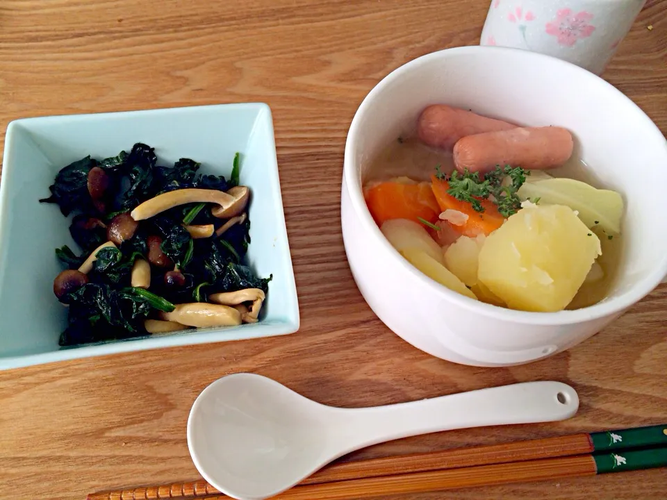 ポトフ、ほうれん草ときのこのバターソテー|ゆかさん