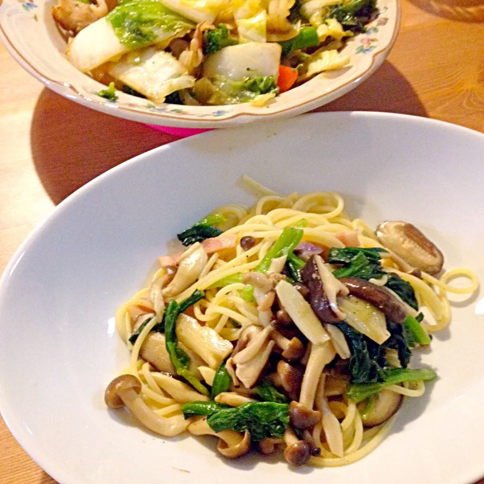 キノコの和風パスタと野菜炒めウィスターソース|☆あいあい☆さん