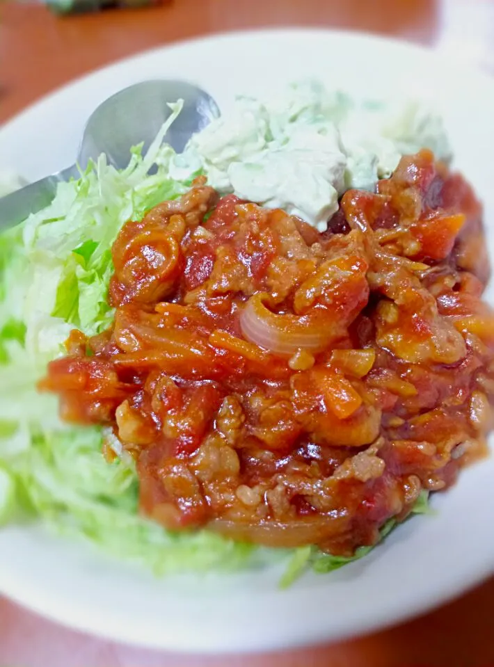 ポークチャップ丼☆マヨアボカド添え(´∀｀)|a:)さん