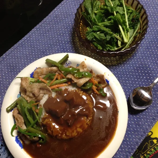 昼ご飯兼朝ご飯、インゲンマメ、ピーマン、ニンジン、黒豚バラ肉炒めとレトルトカレー。ルッコラのベビーリーフ。|kyondonさん