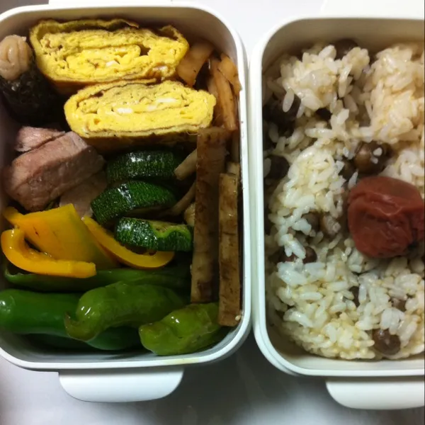 Snapdishの料理写真:卵焼き、塩豚、野菜。朝ご飯とお弁当。|kyondonさん