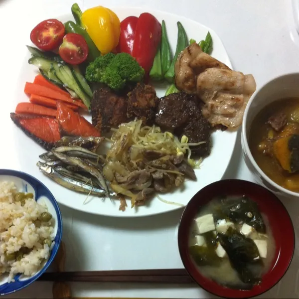 鶏肉、牛肉、豚肉、鮭、キビナゴ、野菜いっぱい。ビーフシチュー。お腹いっぱいで苦しい！|kyondonさん