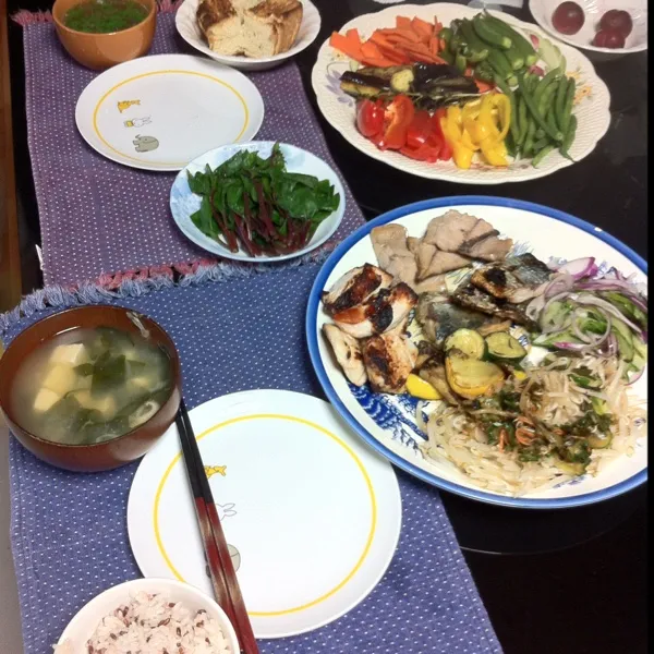 Snapdishの料理写真:鶏ムネ肉の塩麹焼き、カツオの照焼き、パプリカ、インゲン、モヤシとキュウリ、ツルムラサキ。|kyondonさん