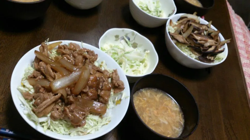 生姜焼き丼&椎茸ソテー丼&大根とホタテのサラダ&かき玉スープ|えっちゃんさん