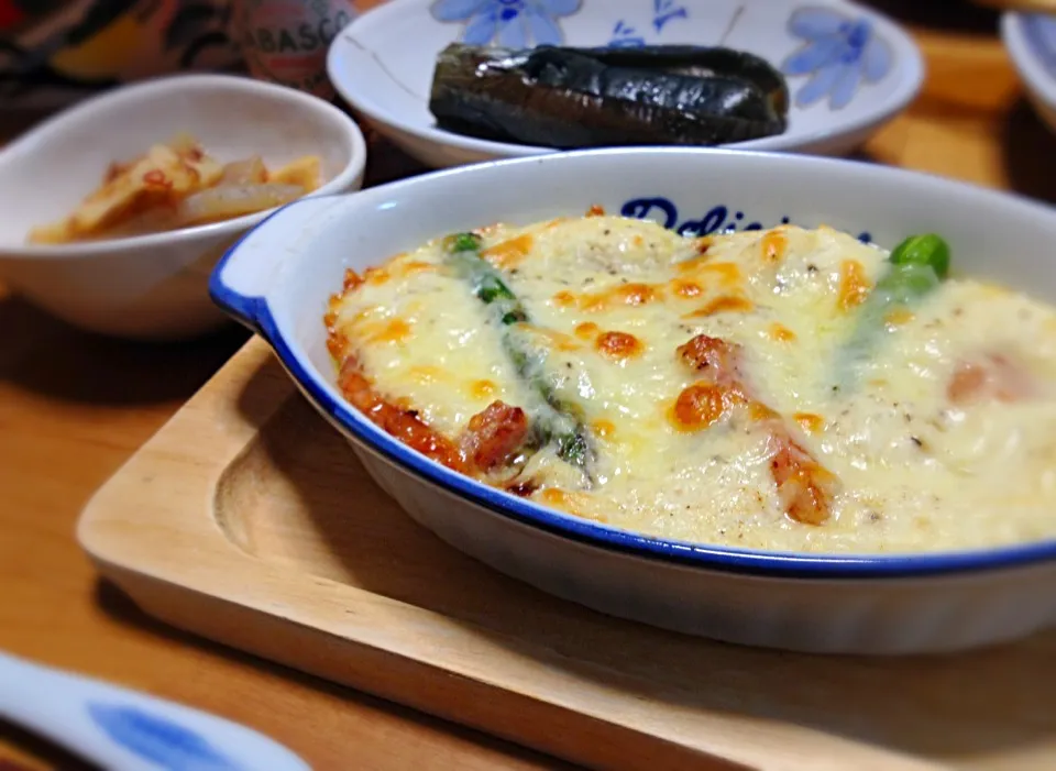 プーティさんのベーコンの長芋豆腐グラタン♪・茄子のピリ辛丸煮・筍とこんにゃくの塩きんぴら|さちこ(さがねっち)さん