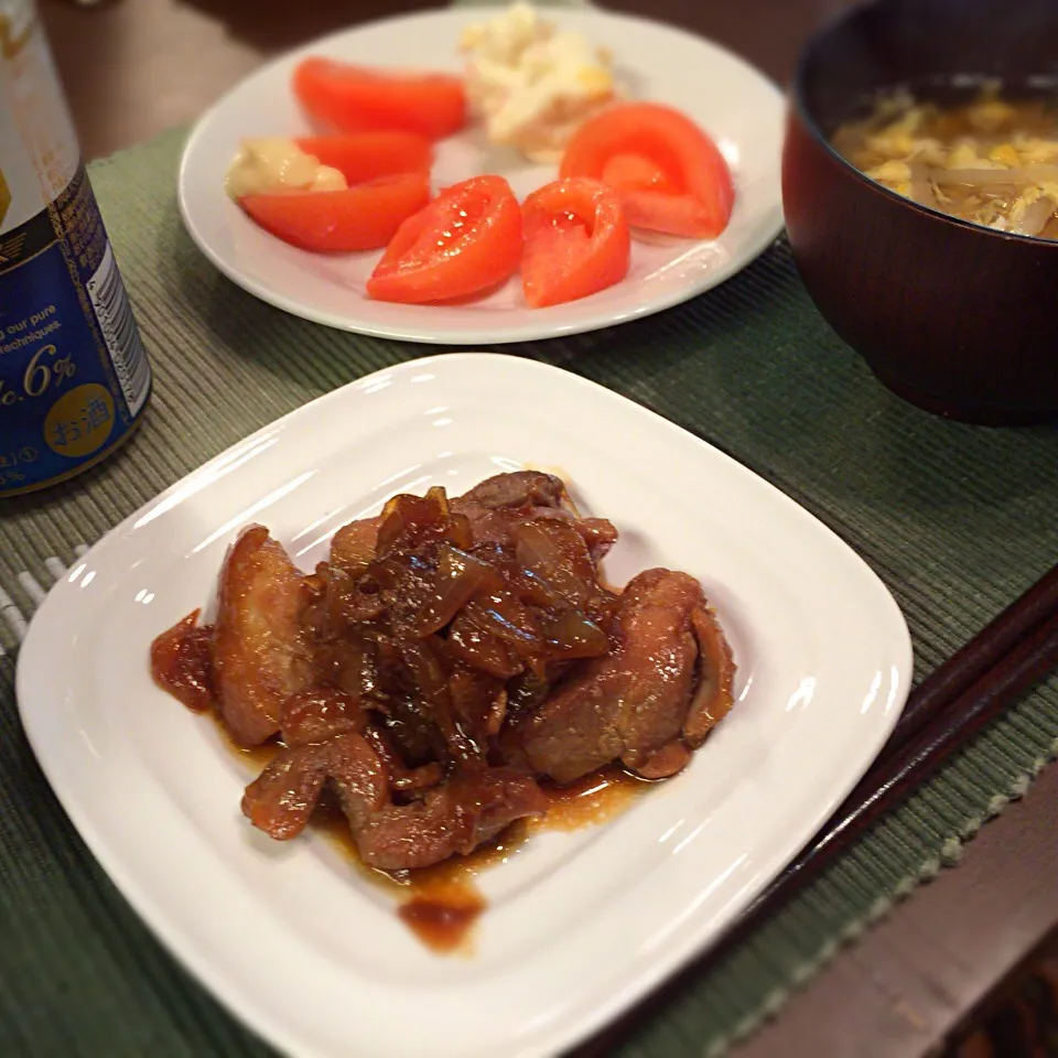 鶏照焼き トマトサラダ かき卵汁|さるさん