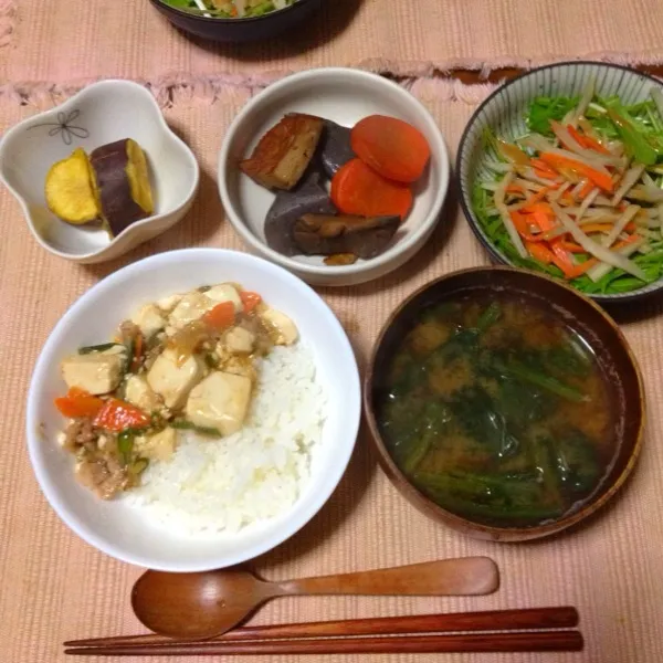 ☆麻婆豆腐
☆こんにゃく人参しいたけ煮物
☆ごぼうサラダ
☆蒸しさつまいも
☆ほうれん草みそ汁|さみぃさん