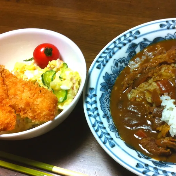 今日の夕食は、カレーとサラダにイカフライ|tenraiさん