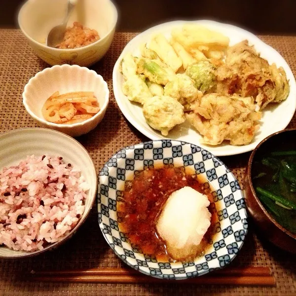 うど、たらの芽、ふきのとう、舞茸の天ぷら、昨日の残り物、そして食べ終わった後に水菜とツナのサラダを作って冷蔵庫に入れっぱなしなことに気づいた∑(ﾟДﾟ)|imi243さん