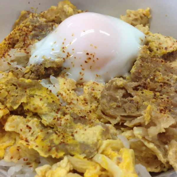 お昼は前に特売で買った冷凍の牛丼？の素で、牛丼温玉のせと松茸のお吸い物なり！
温玉は昨日、炊飯器の保温で作ったの…
(=^ェ^=)|うぉずさん