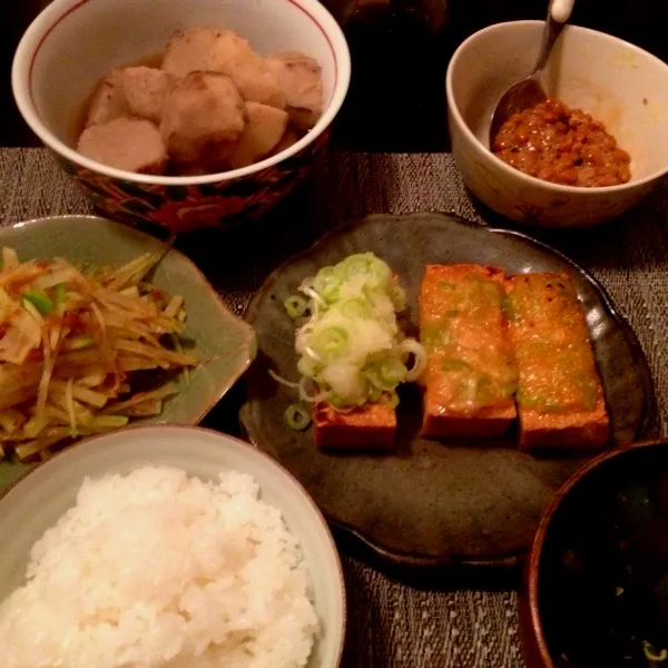 生揚げのネギ味噌と大根おろし、セレベス煮物、青大根のかぼすドレサラダ、納豆、スープ、ご飯

同僚から青大根をもらったから、サラダと大根おろしにした。|imi243さん