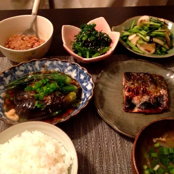 鯖の西京味噌漬焼き、茄子とオクラの揚げ浸し、春菊ナムル、蕪の塩昆布漬、納豆、味噌汁、ご飯|imi243さん