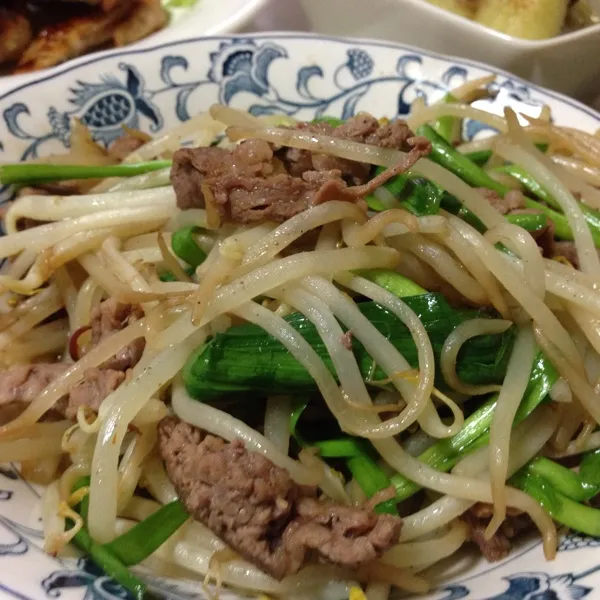 んで、これも昨日忘れてた、肉とモヤシの炒め物なり！
(=^ェ^=)|うぉずさん