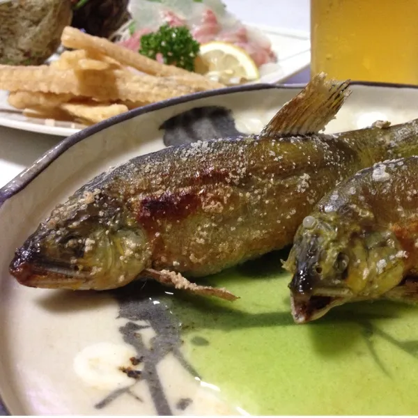 Snapdishの料理写真:んで、鮎の塩焼きなり！
鮎を立ててみたら、蓼酢の池で泳いでるみたい…
今日のは三尾だったので、一尾は一夜干しにしてみた…
(=^ェ^=)|うぉずさん