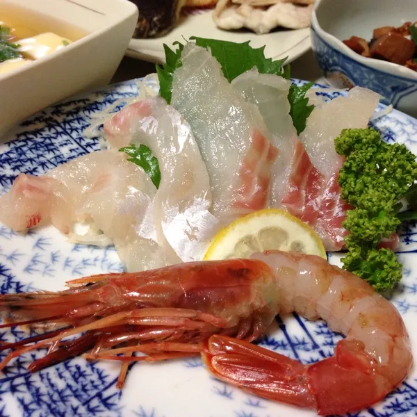 今日の魚は、鯛と赤エビのお造りなり！
ん〜〜〜
このエビ…メッチャ甘いよ！
今まで食べた赤エビの中でもダントツだわ！
んまいっ！
(=^ェ^=)|うぉずさん