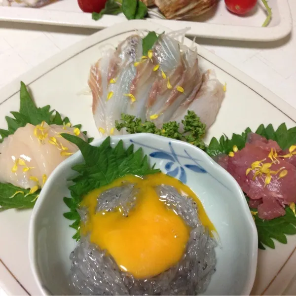 Snapdishの料理写真:今日の魚は、生しらす、鱸の洗い、マグロのすき身なり！
しらすに乗っけた黄身がくずれちゃったよぉ〜
今日もキクマサロックが旨いっ！
(=^ェ^=)|うぉずさん