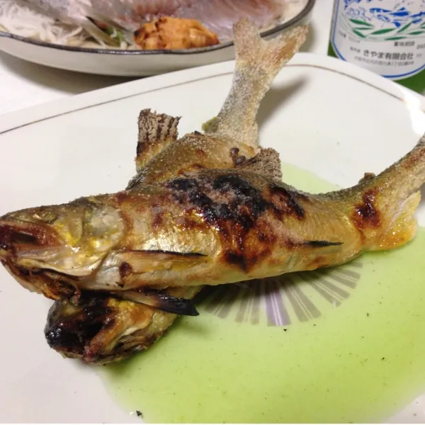 んで、鮎の塩焼きなり！
熱々に蓼酢をたっぷりかけて…
(=^ェ^=)|うぉずさん