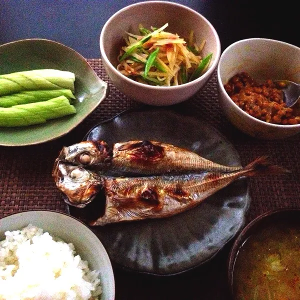 鯵の干物、納豆、セロリ浅漬け、白菜味噌汁、ご飯、maccha6255さんから教えてもらった新ジャガの梅肉和え
シャキシャキで美味しかった（≧∇≦）|imi243さん