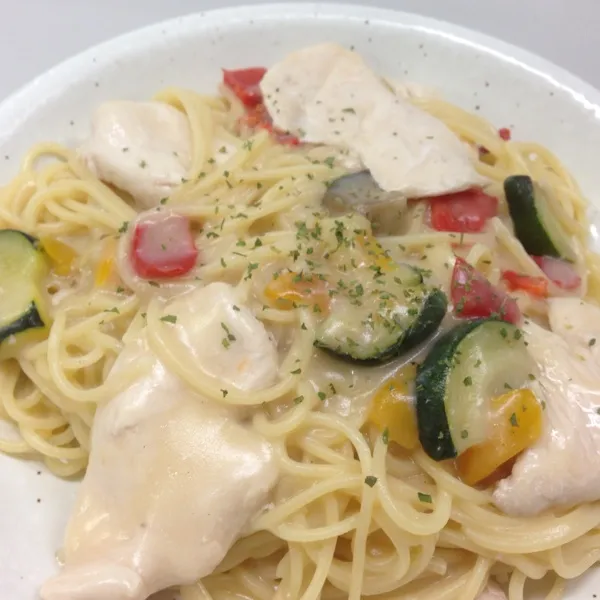 お昼はチキンクリームパスタなり！
ん〜鬱陶しい雨で肌寒いから温かいクリームパスタが美味しいねぇ〜
(=^ェ^=)|うぉずさん