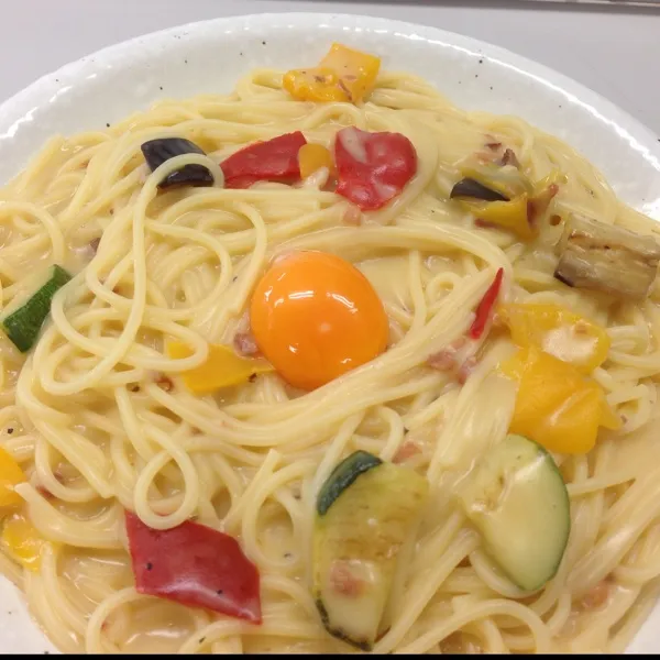 Snapdishの料理写真:お昼は、カルボナーラなり！
いつも使ってる冷凍野菜を買って来たので載っけたよ！
これで６９０円で５０gくらいに小分けしておくの…
(=^ェ^=)|うぉずさん