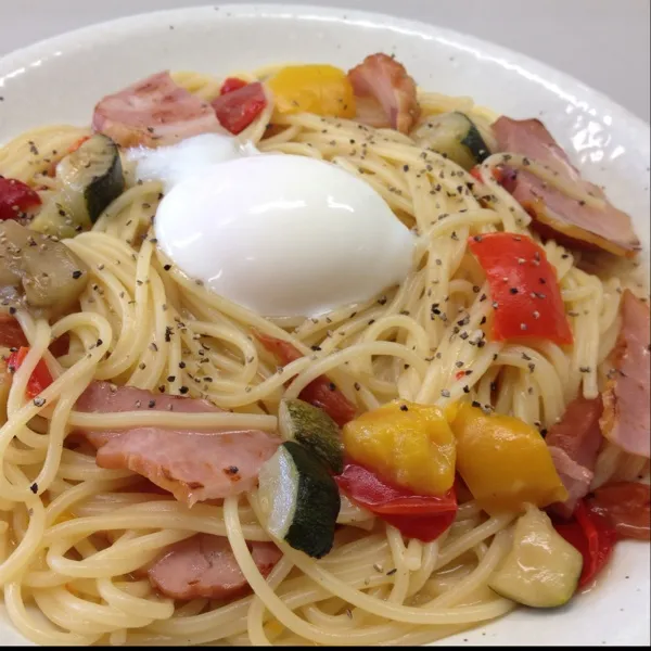 ベーコンのクリームパスタ温玉のせ…
温玉がまだ残ってたのでクリーム系のパスタに合うかなぁ〜っと
そのまんまだと優しくなり過ぎる気がしたのでベーコンと黒胡椒でピリリと…
(=^ェ^=)|うぉずさん