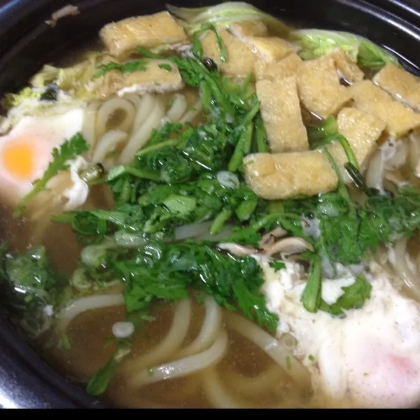 お鍋の翌日は、やっぱり鍋焼きうどんなり！
今日のうどんは１玉９０円の杵つきなんちゃらって、少し透き通った感じのうどんでしたぁ〜
シコシコしてて美味しいのよ！
(=^ェ^=)|うぉずさん