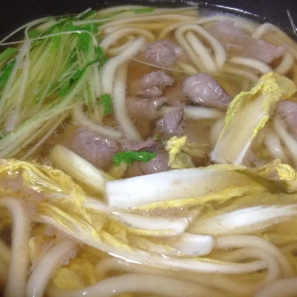 昨日の残りダシと件の怪しい肉で、肉うどんなり！
ん〜お出汁が良いから、メッチャ美味しいよぉ〜
(=^ェ^=)|うぉずさん