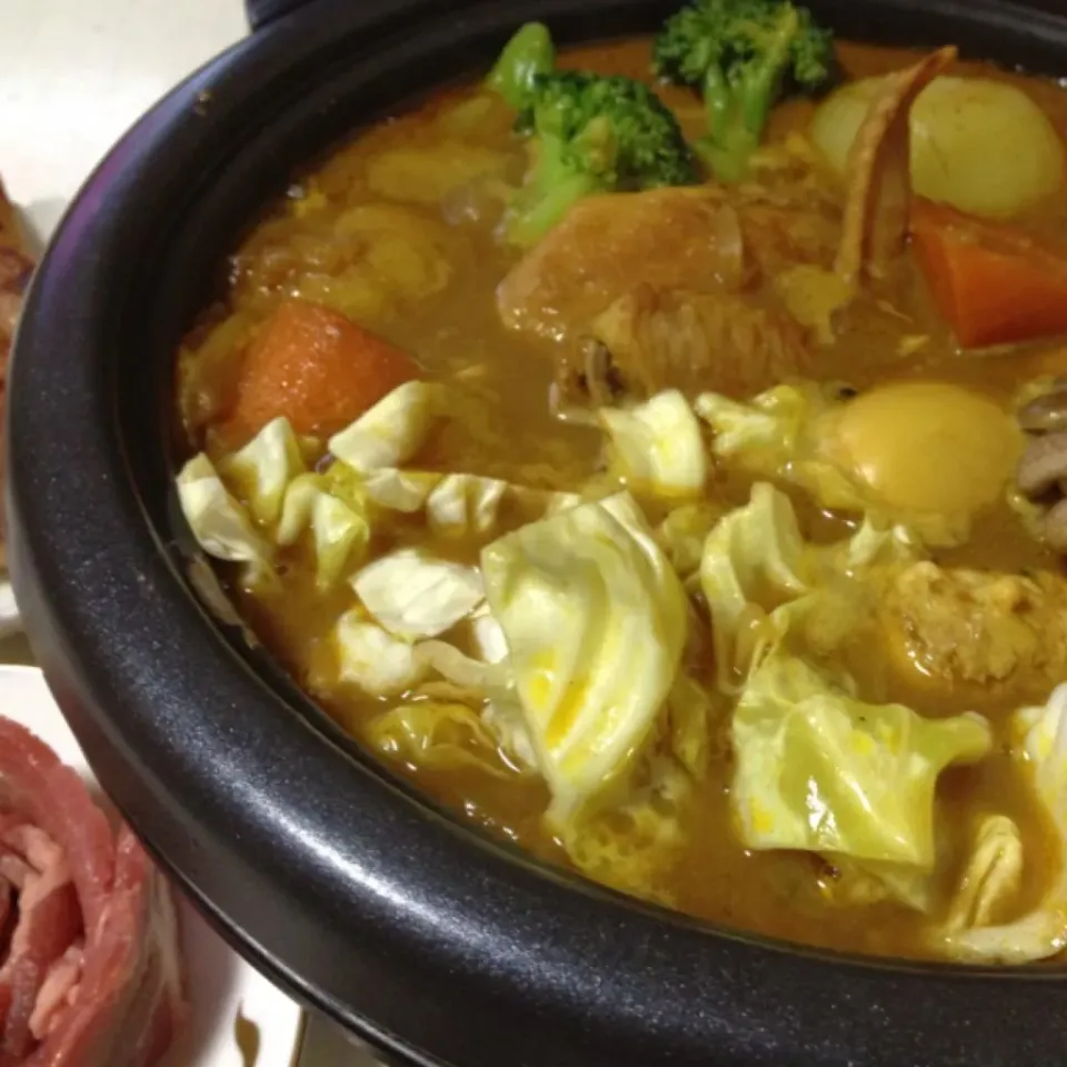 Snapdishの料理写真:今日はカレー鍋なり！
手羽先と件の怪しい肉も…
でも、流石にコレは食べ切れないやぁ〜
しばらくカレーが続きそう…
(=^ェ^=)|うぉずさん