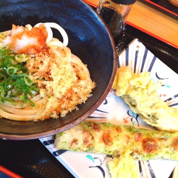 今日は暑いので、冷たいおうどん♪( ´▽｀)
しょうゆうどん・梅しそささみ天・ちくわ天|ぃちさん