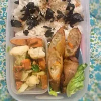 Snapdishの料理写真:今日のお弁当。カリフラワーと大豆ハムソテー、野菜春巻き、海苔ごはん。|Mayumi Suzukiさん