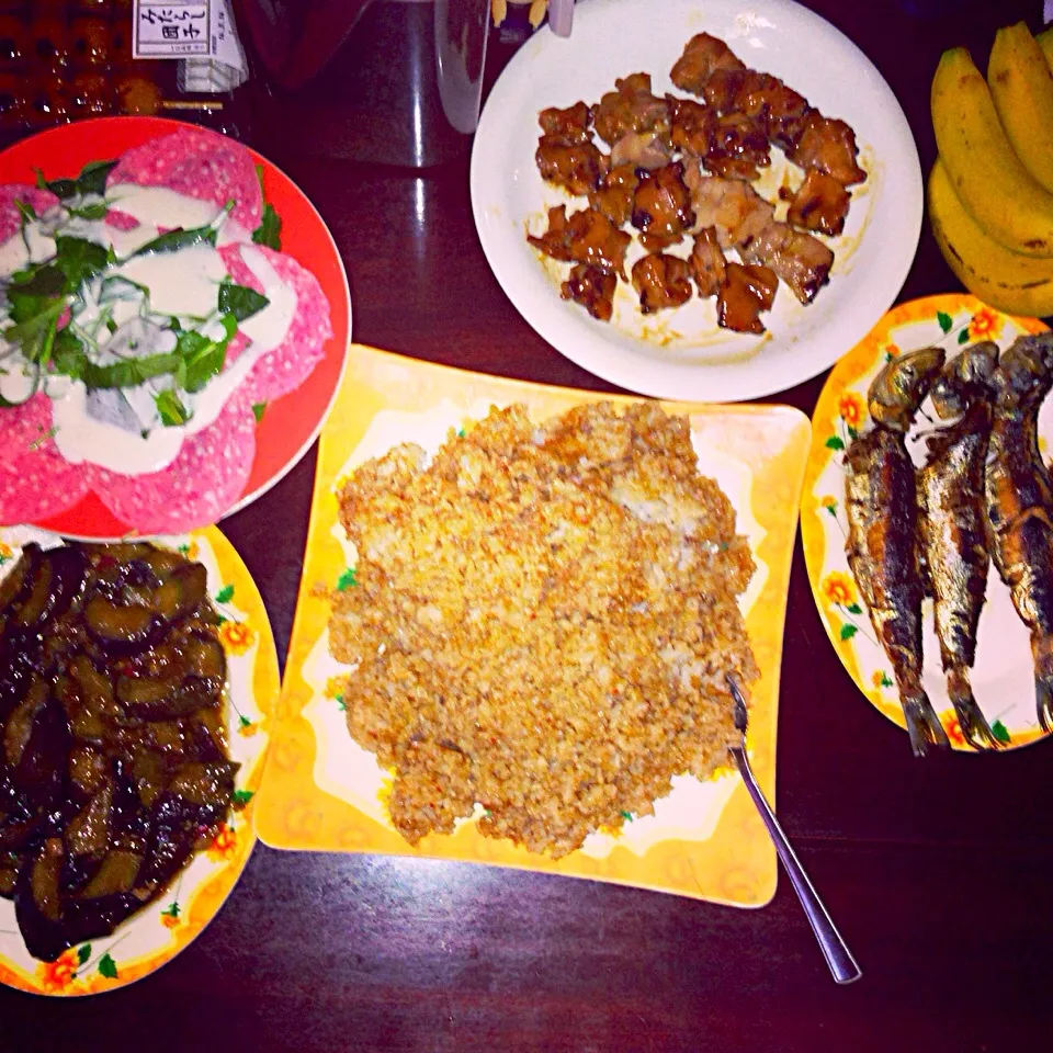 Fried Iwashi tamban ) Nasu , yakimeshi and baby spinach leaf salad w/ salami ham and white dressings|Sally Plandoさん