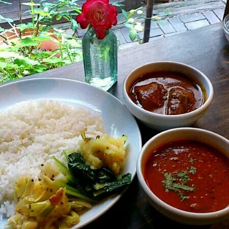 カレー専門店！手前がトマト味で、奥がチキン。食べログ上位だけあって、お客さんが次から次とやってきて、びっくり。|COCOさん