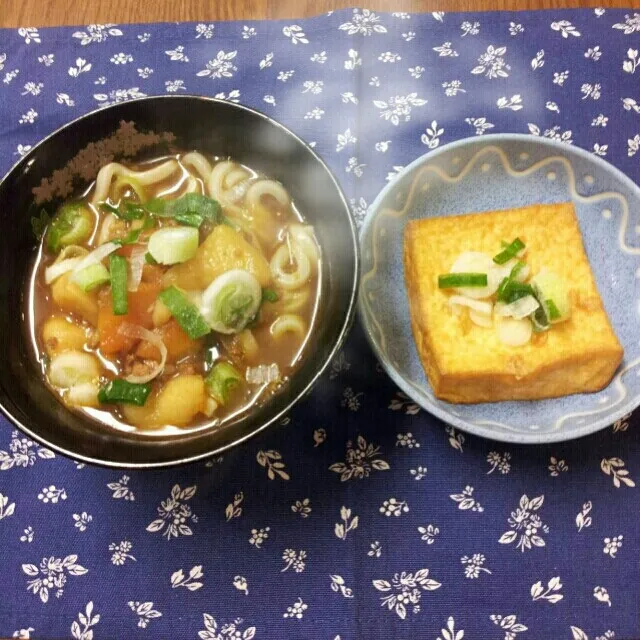 カレーうどん＊厚揚げ焼き
二日目カレーはうどんです(^O^)
息子くん、まさかの給食もカレー！！
朝もカレーだったの(*_*;|sakanechiさん