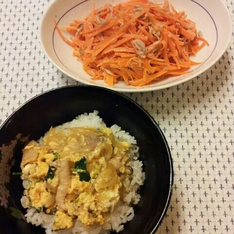 親子丼  ニンジンとツナのサラダ
メニューに困ったら、丼ものしちゃいます(((^_^;)
でも、みんな大好き♡|sakanechiさん