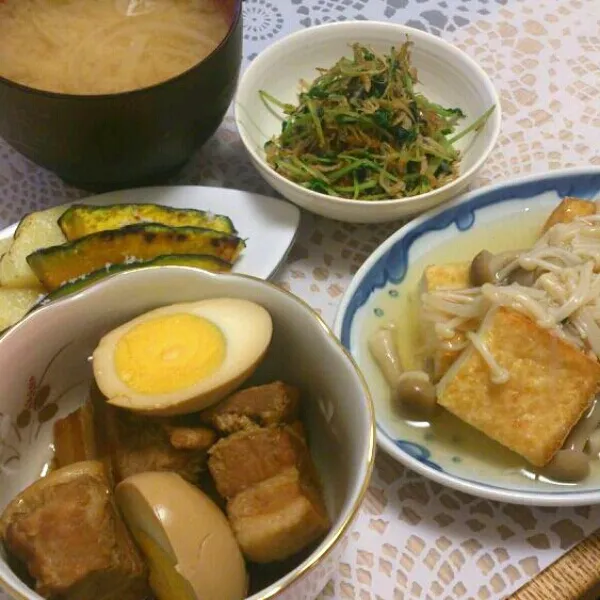 ☆豚の角煮
☆豆苗のじゃこ炒め
☆揚げ出し豆腐のきのこあんかけ
☆野菜グリル|まりーんさん