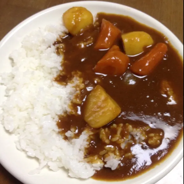 Snapdishの料理写真:野菜カレー。圧力鍋でスピード調理。野菜ブイヨンで煮込み、土鍋炊き立てご飯でいただきました。最高に美味。ルーはジャワカレーがお気に入り。インスタントでいいんです。|masahiroさん