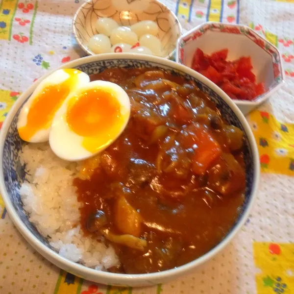 Snapdishの料理写真:今夜もカレー！これといったアレンジせず。
作ってからは3日目。美味しい〜。
半熟玉子も大成功♩|chouchouさん