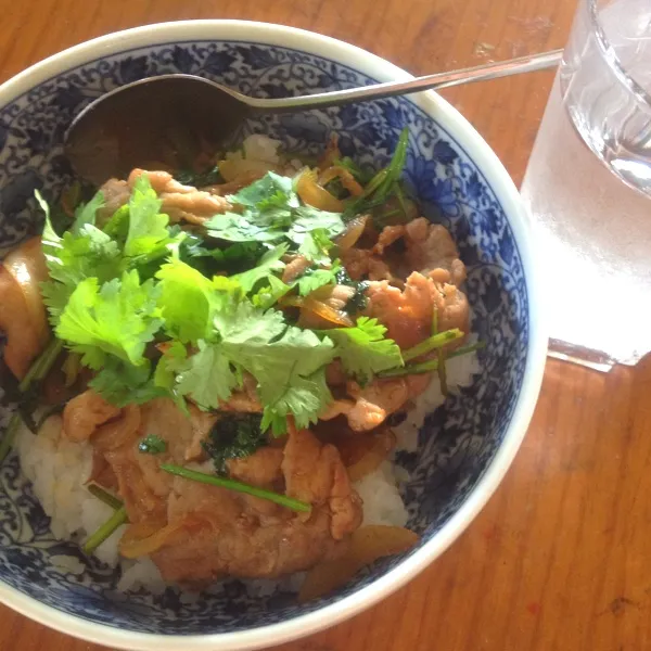 Snapdishの料理写真:パクチーと豚肉のピリ辛炒め丼…と名付けるかな。エスニックなものが食べたくなって、適当に作ってランチ。ん〜、意外に美味しくできた！玉ねぎ入れたのも正解♩パクチー最高！！|chouchouさん