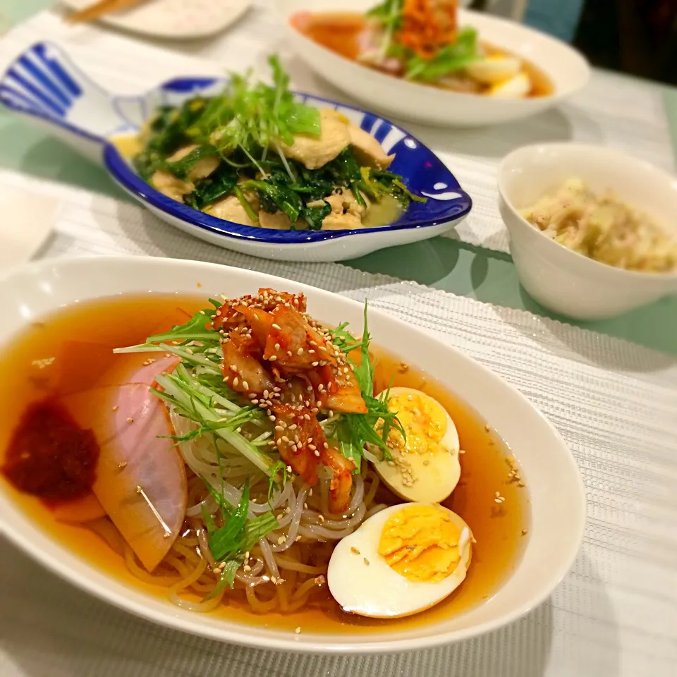 戸田久の盛岡冷麺 と 鳥肉とほうれん草のマヨ味噌炒め|seiさん