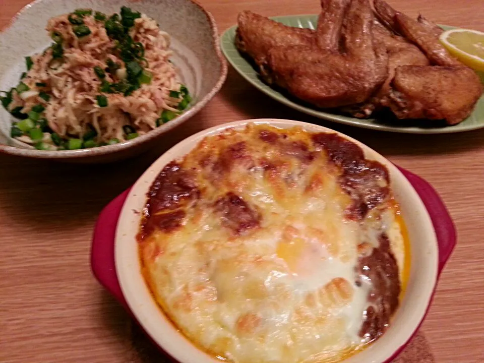 切り干し大根サラダ。手羽揚げ。焼きトマトカレー|Kotoyo Moriさん