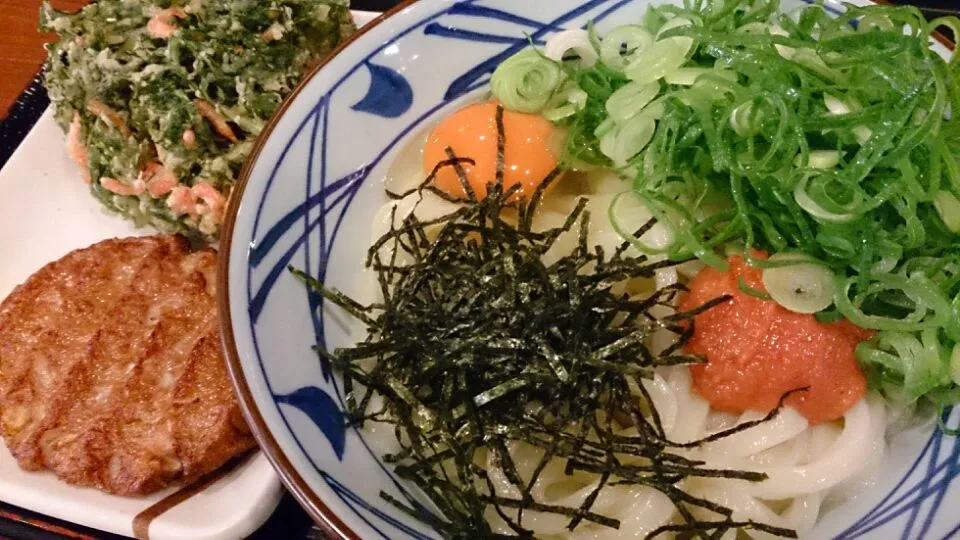 明太釜玉うどん＆春菊と小エビのかき揚げ＆レンコンさつま揚げ|ボンゴさん