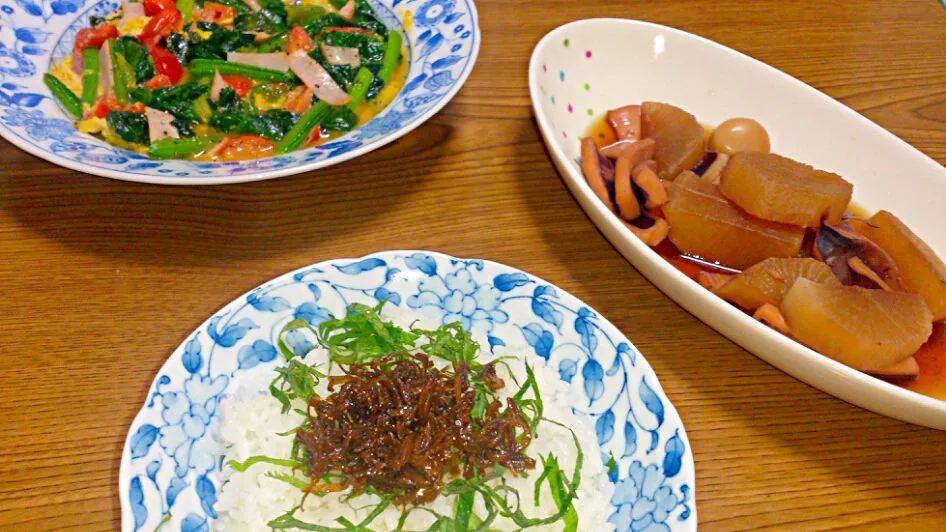 ・イカ大根の煮付け
・ほうれん草とプチトマトのオープオムレツ
・じゃこ飯|ようかんさん